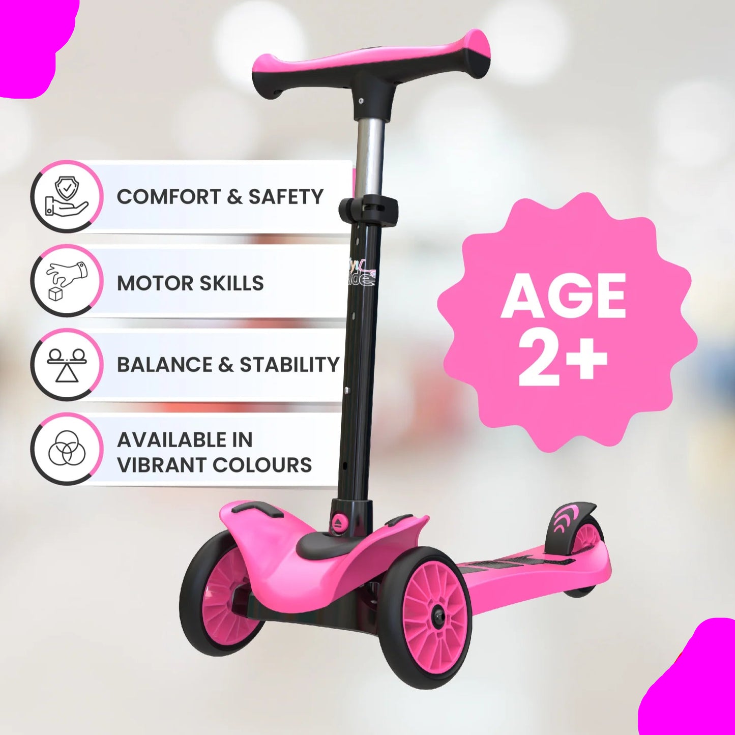 Pink Scooter for Kids (Pink) - 4 Level Height Adjustment, Wide Brakes, Lightweight.