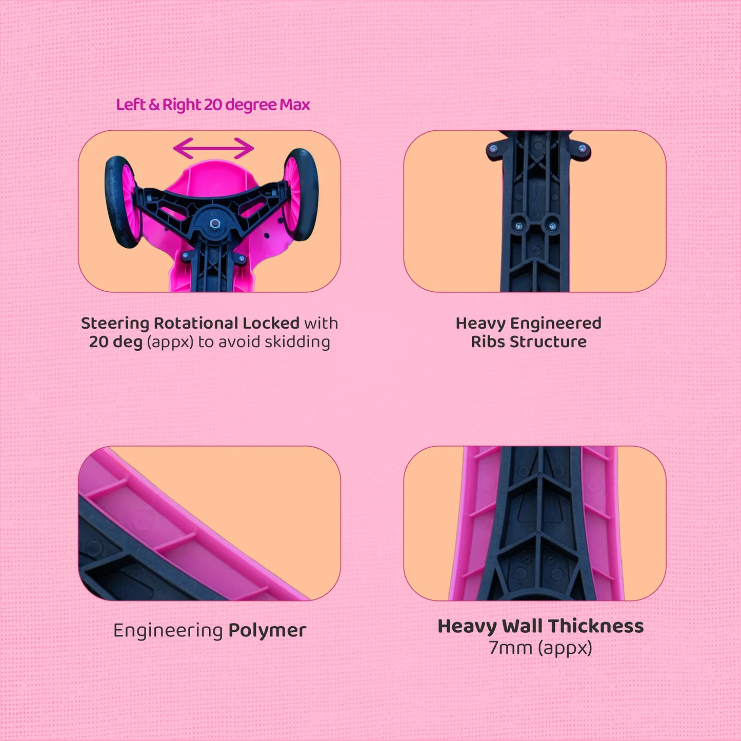 Pink Scooter for Kids (Pink) - 4 Level Height Adjustment, Wide Brakes, Lightweight.